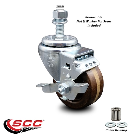 Service Caster 3 Inch High Temp Phenolic Wheel Swivel 12mm Threaded Stem Caster with Brake SCC-TS20S314-PHRHT-TLB-M1215